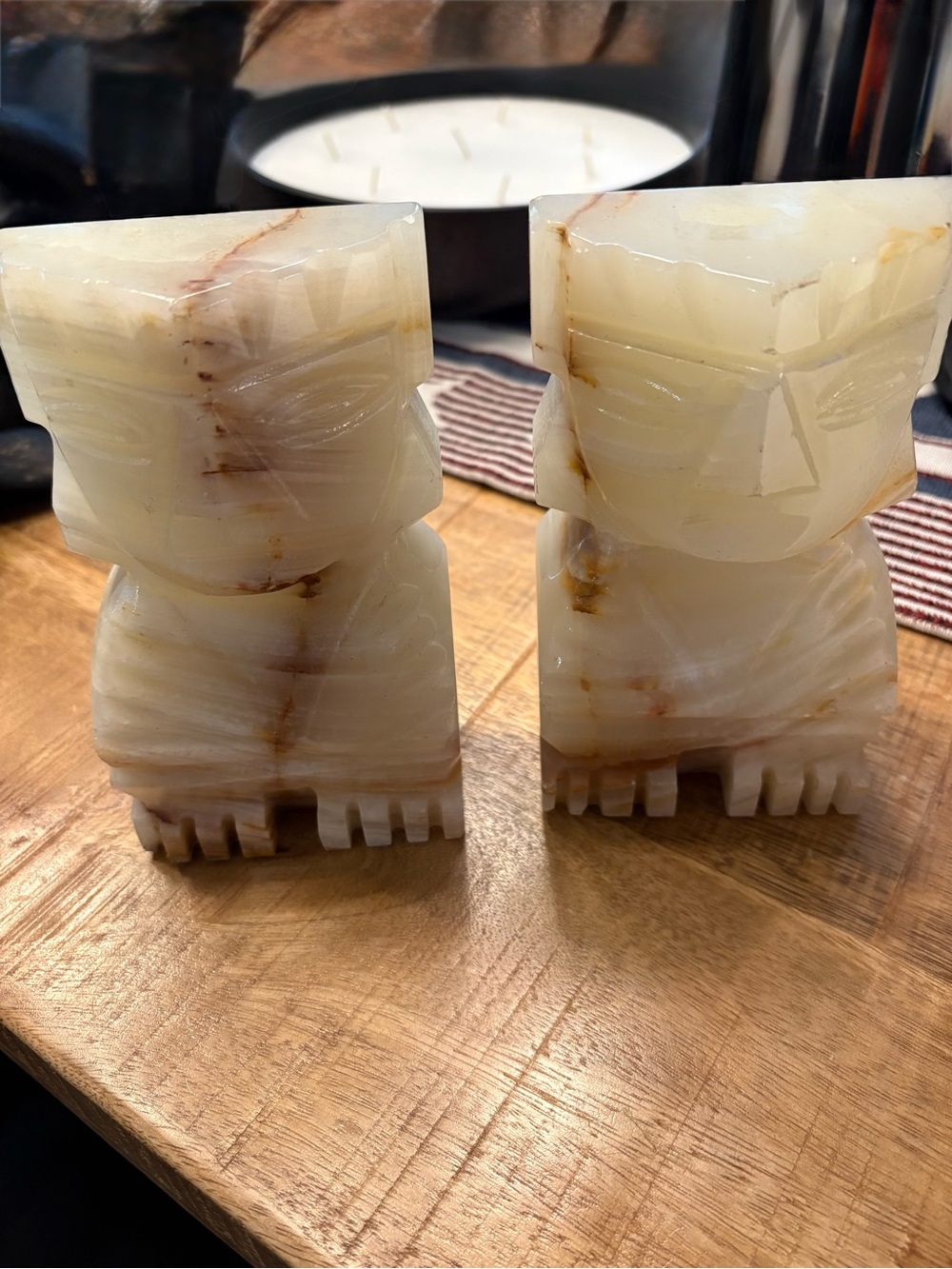 Hand-Carved Cream Onyx Tiki Figurine Pair - Decorative Home Accent